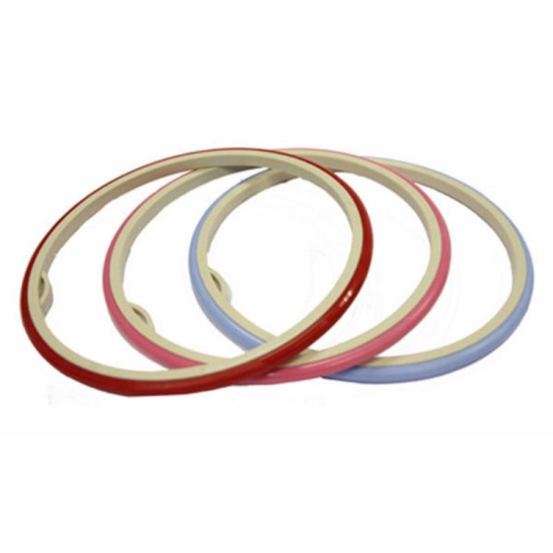 Flexible plastic hoop with no screws, rubbery edge.