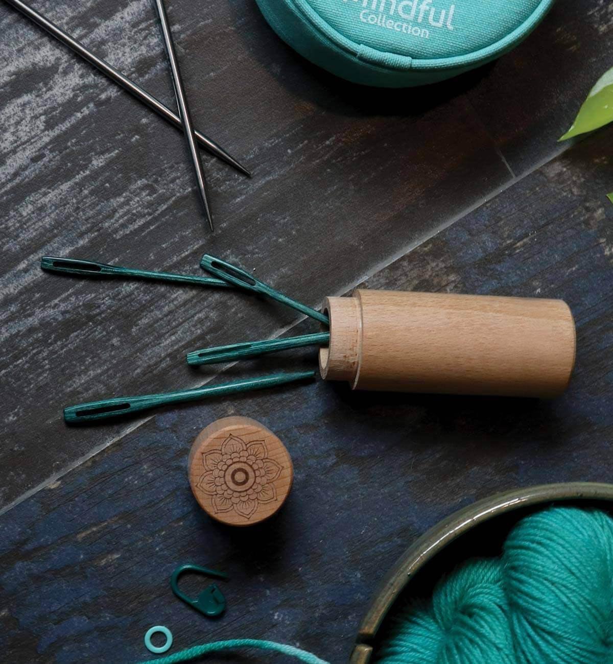 Mindful Teal Darning Needles in Beech Cylindrical Case by KnitPro