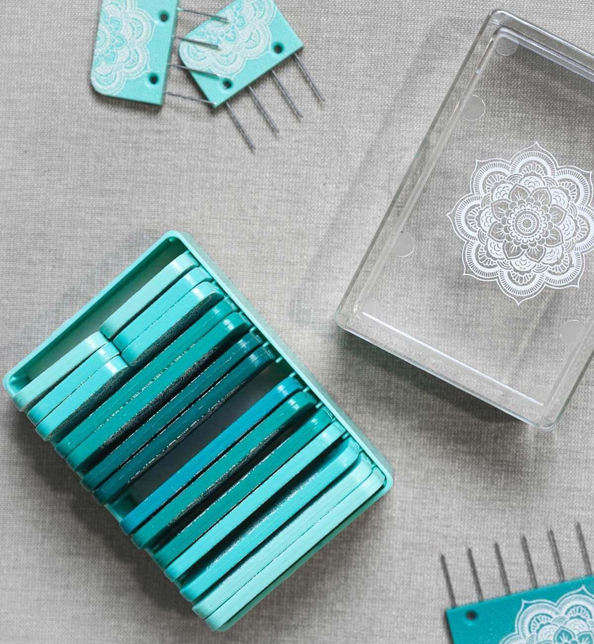 KnitPro's turquoise blockers, part of the serene Mindful Collection.