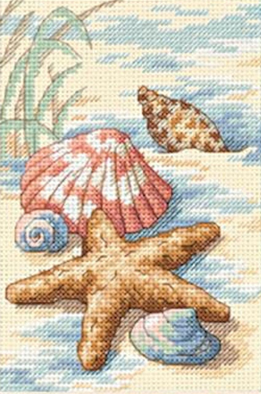 Shells in the Sand cross-stitch, ivory Aida, Dimensions.