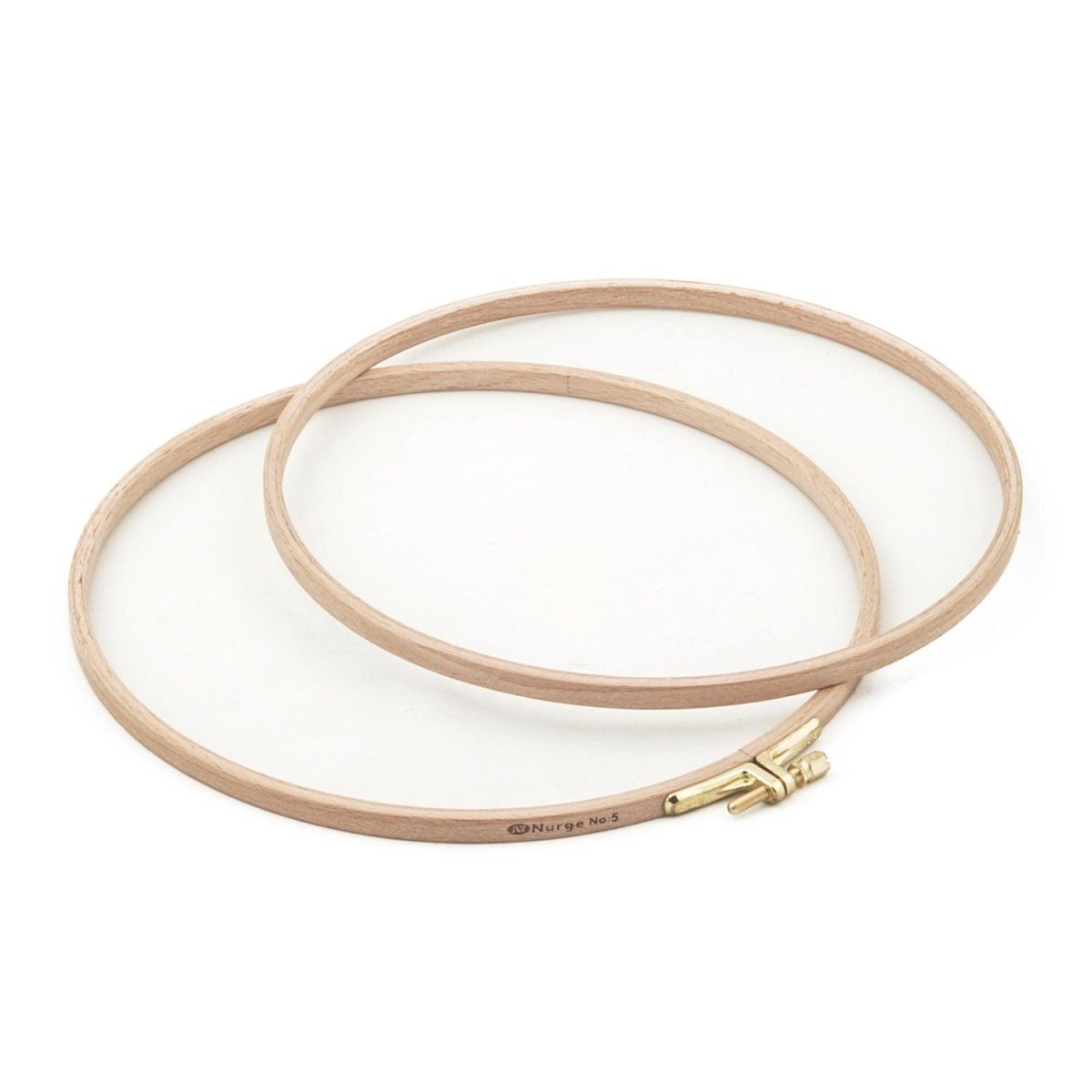 Polished beech embroidery hoop with screw depth.