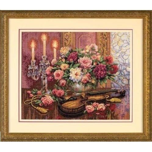 Romantic Floral cross-stitch kit, beige Aida, Dimensions Gold Collection.