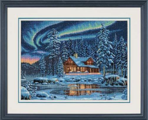 Aurora Cabin counted cross stitch kit by DIMENSIONS Gold Collection.