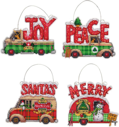 Holiday Truck Ornaments cross stitch kit on clear plastic canvas.