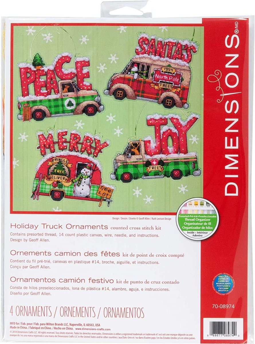 Counted cross stitch Holiday Truck Ornaments kit, clear plastic canvas.