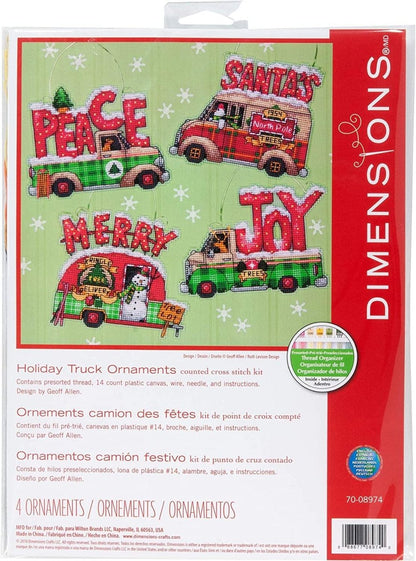 Counted cross stitch Holiday Truck Ornaments kit, clear plastic canvas.