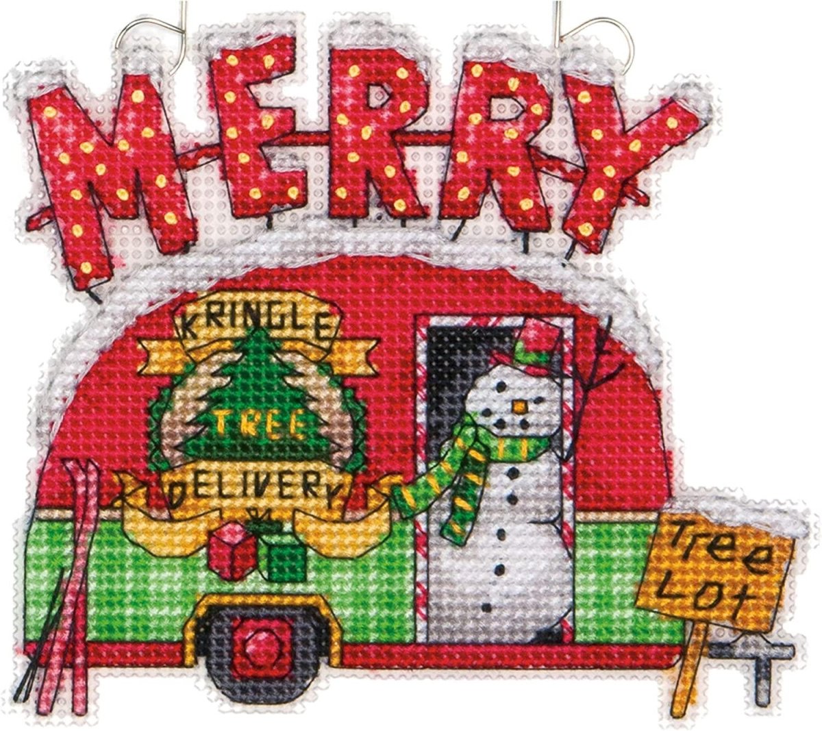 Holiday Truck Ornaments cross stitch kit with clear plastic canvas.