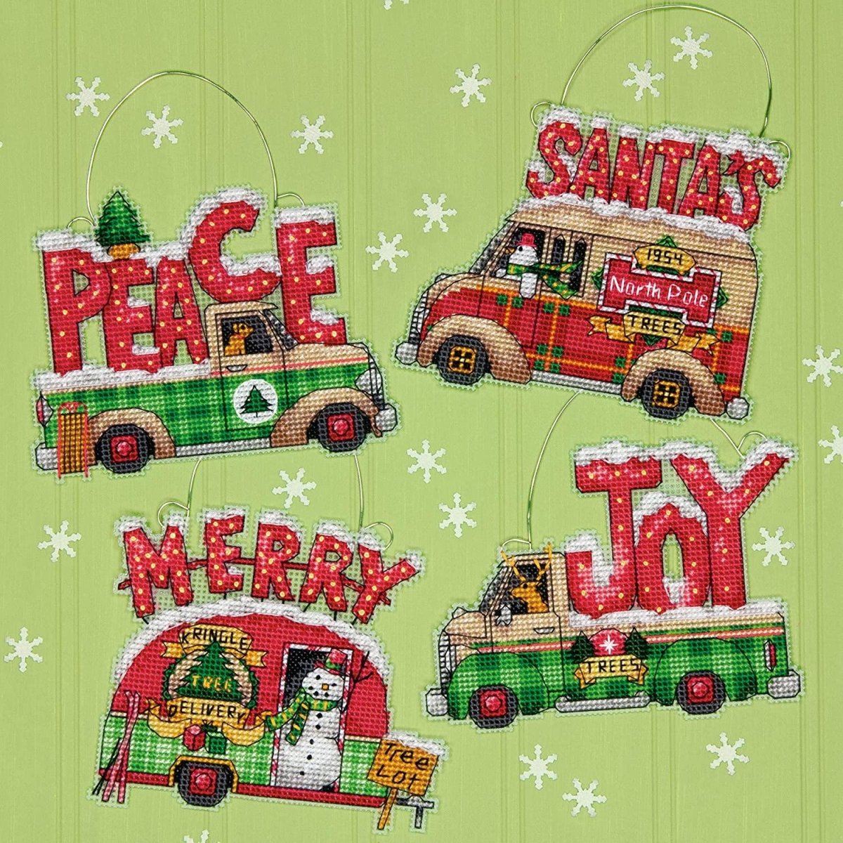 Clear plastic canvas Holiday Truck Ornaments cross stitch kit.