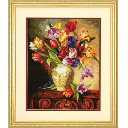 Dimensions Gold Collection Parrot Tulips cross stitch kit on beige Aida.