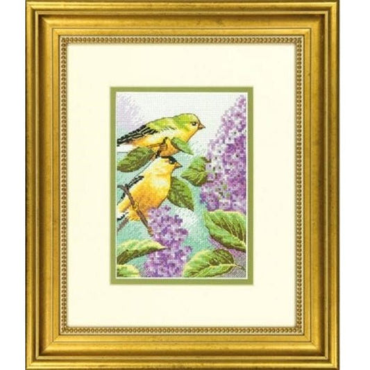 Goldfinch and Lilacs cross stitch kit by DIMENSIONS on white Aida.