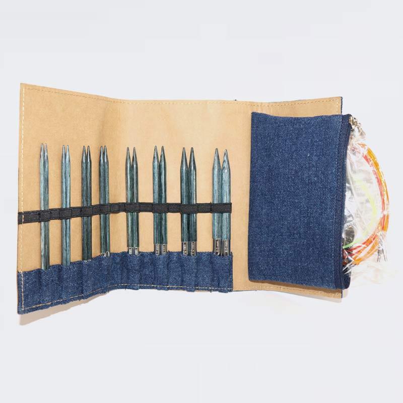 KnitPro Indigo Wood Needles with chic fabric cover.